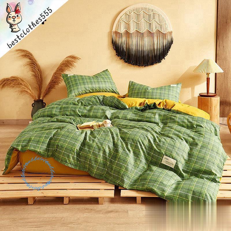 【送料無料】布団カバー ベッドカバー 4点セット 寝具 格 緑 チェック柄 ボックスシーツ 洋式 おしゃれ 春夏 綿 コットン シングル セミ 洗濯機洗える