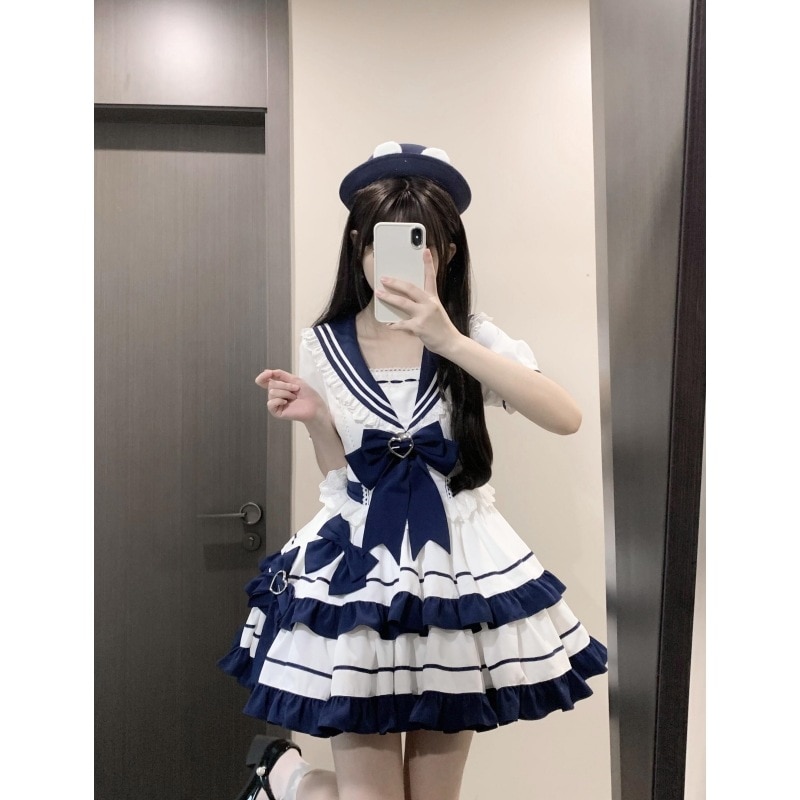 パーティードレス アカデミア風マリンネックセーラー服キュートで甘めなクラッシュカラーでウエスト姫ワンピースをコラージュ