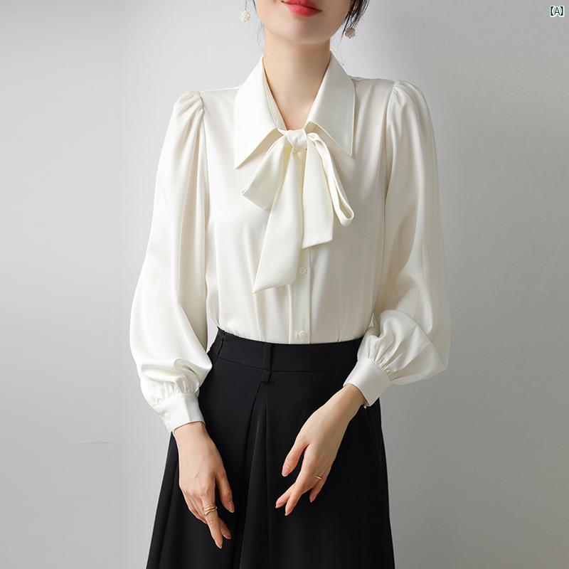 レディース ファッション　レディース　カジュアル　上品　綺麗　外出 ポインテッドカラー パフスリーブ ボウ リボン 長袖 シャツ 秋 サテン ブルー 通勤 5,243円