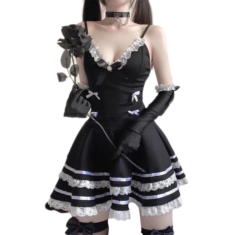 ゴスロリドレス 純黒小悪魔セクシーガールスリムゴスロリストラップレス