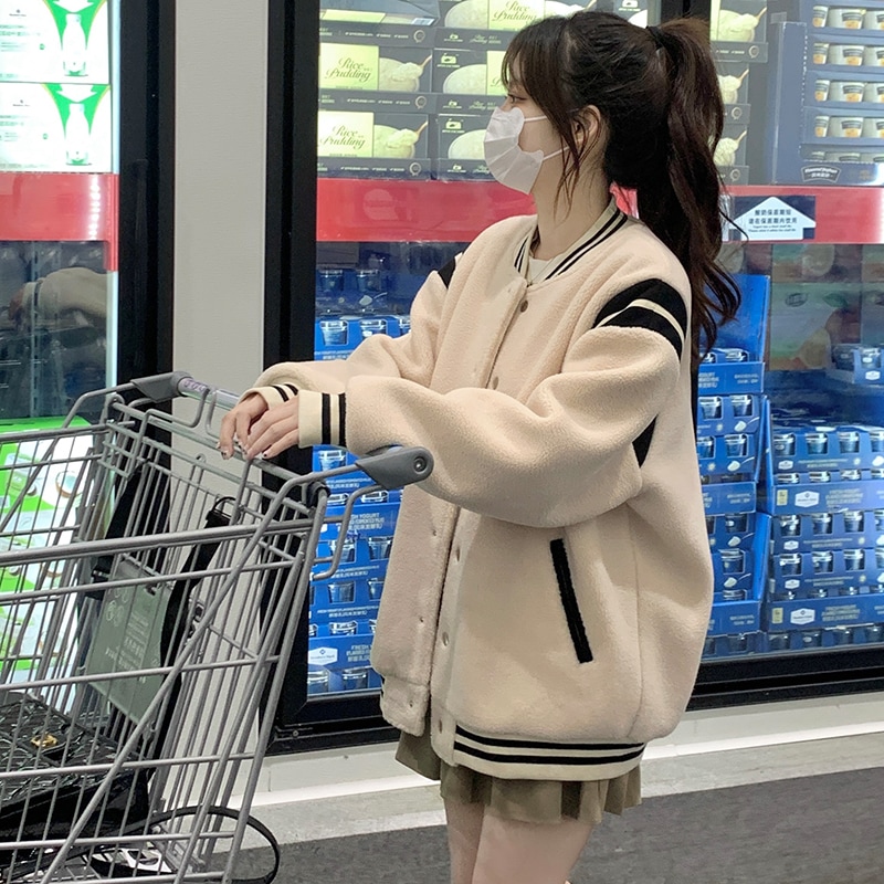 女性用秋冬野球ユニフォームジャケット2024年中学生・初冬向け新スタイルプラスベルベットと厚みのあるラムぬいぐるみ粒子