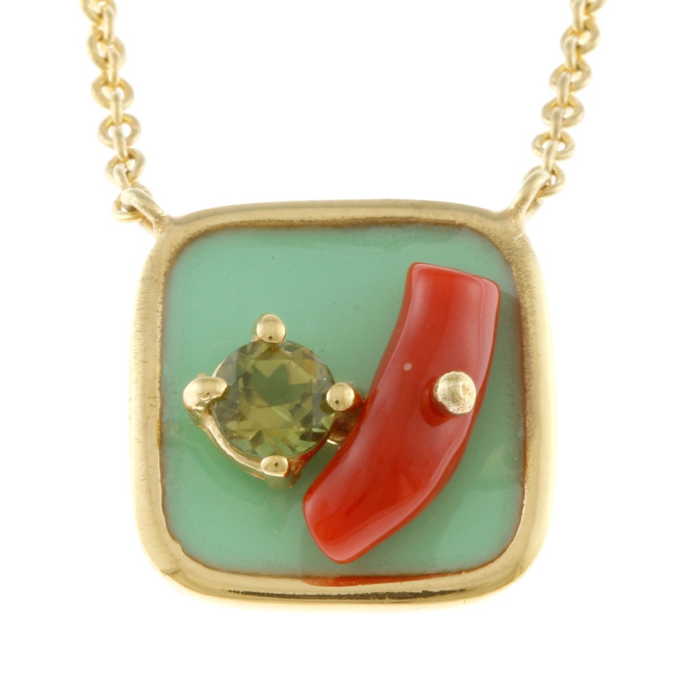 イタリー製 金メッキ 18金仕上げ エナメル ネックレス シルバー925 サンゴ トルマリン 新品