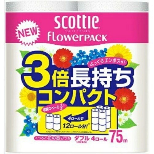 スコッティフラワーパック 3倍長持ち トイレットペーパー 75mダブル 12個 3倍巻 ちり紙 トイレ用品 消耗品 クレシア ティッシュ ティシュー 日本製 紙 クレシア