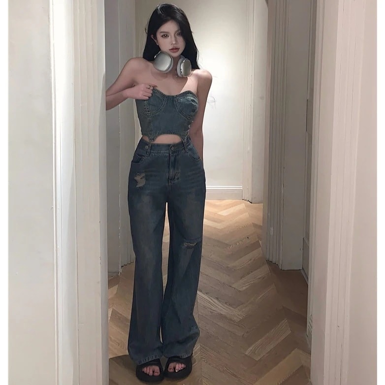 デニム ハイウエスト ワイドパンツ セットアップ ショート ブトップ デニムパンツ ジーンズ ジーパン クラッシュド ダメージ ウォッシュ ゆるダボ ストリート