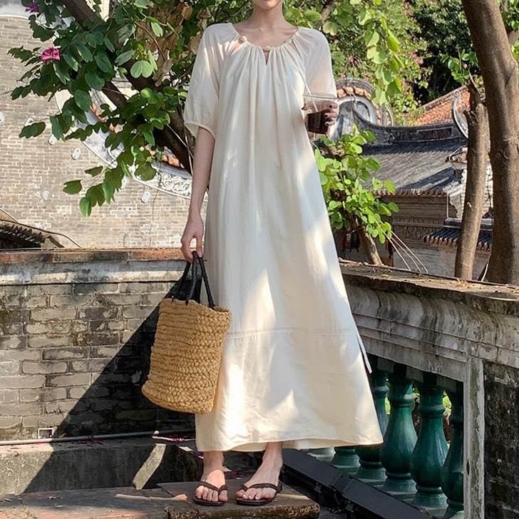 ワンピース ルームウェア レディース プルオーバー 部屋着 ドレス ロング アンクル丈 半袖 5分袖 ラウンドネック 襟なし フェミニン ウエストマーク ふっくら かわいい 大人可愛い きれいめ シン