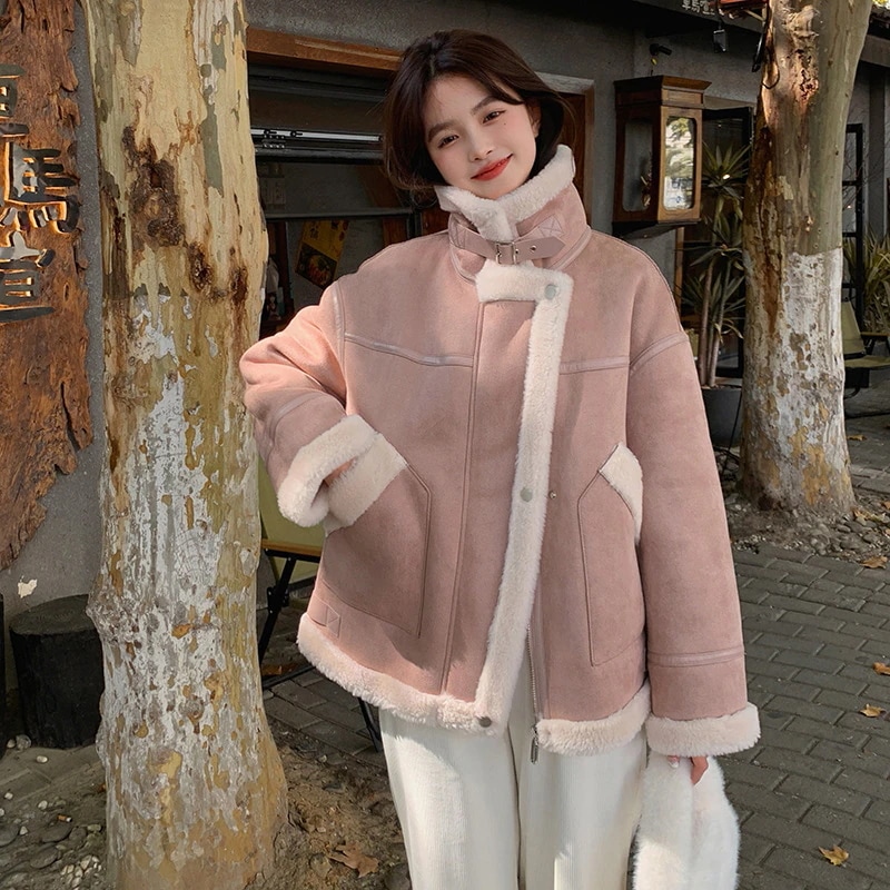 ピンクスエードファーワンラムウールコート2024新しいパッド入り厚襟バイカーコットンジャケット