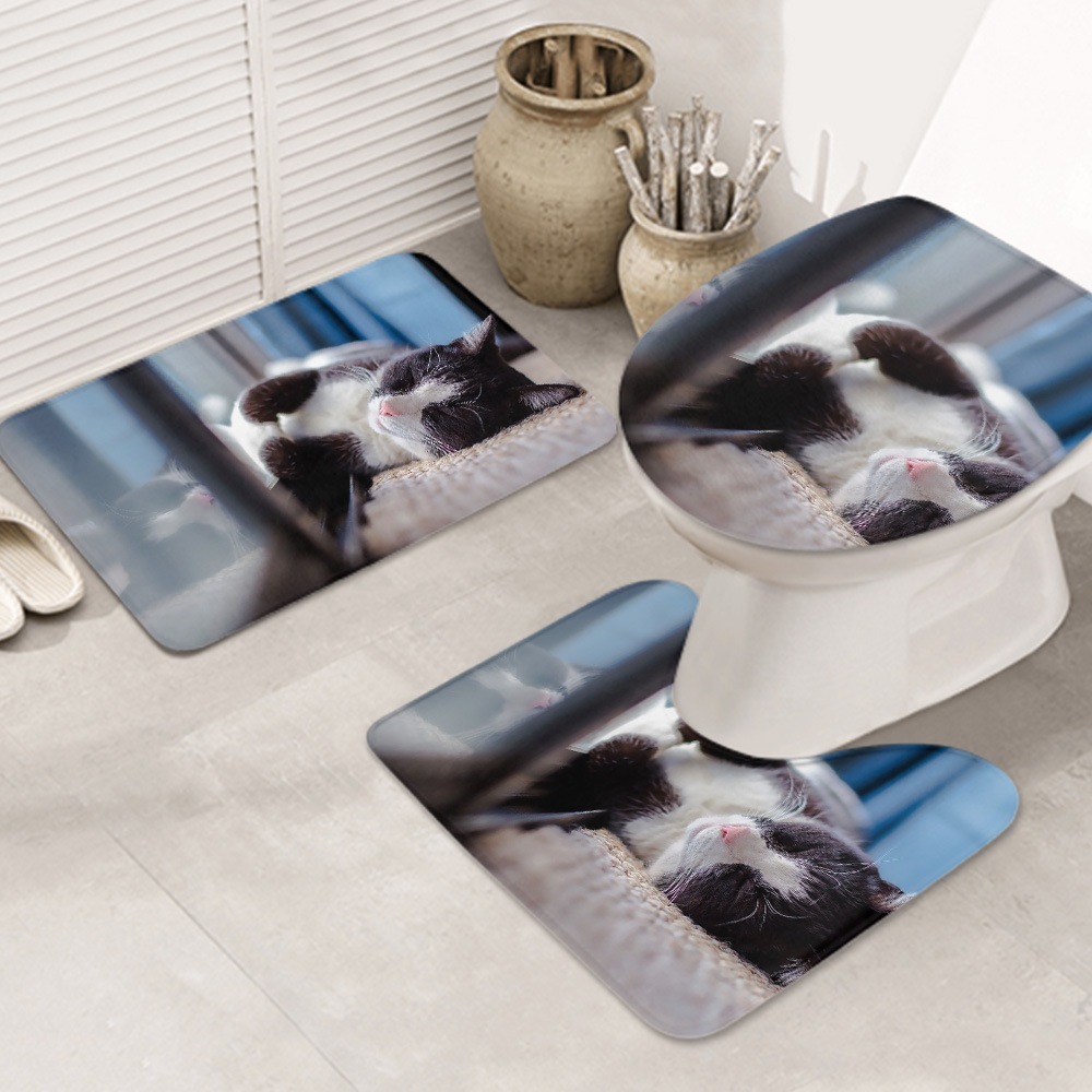 3ピースバスラグセット cat-pet-animal-sleeping-resting お手入れが簡単 ノンスリップ 耐久性