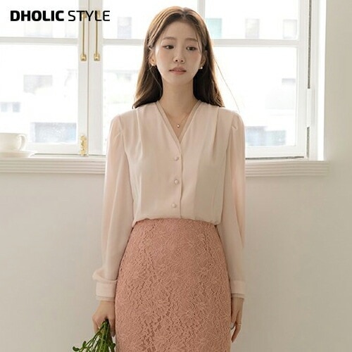 [メガ割りSALE]オーガンジー配色くるみボタンブラウス・p682214