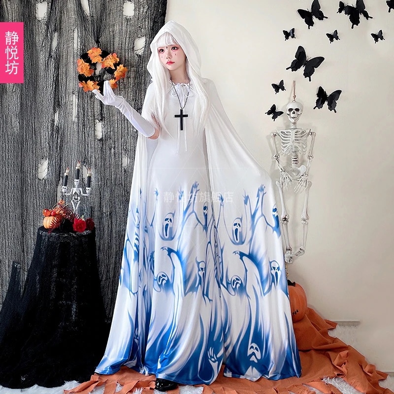 ハロウィン 大人用 コスプレ 仮装パーティー ゴースト花嫁衣装 ヴァンパイアローブ 青と白のスカルケープ ロングスカート