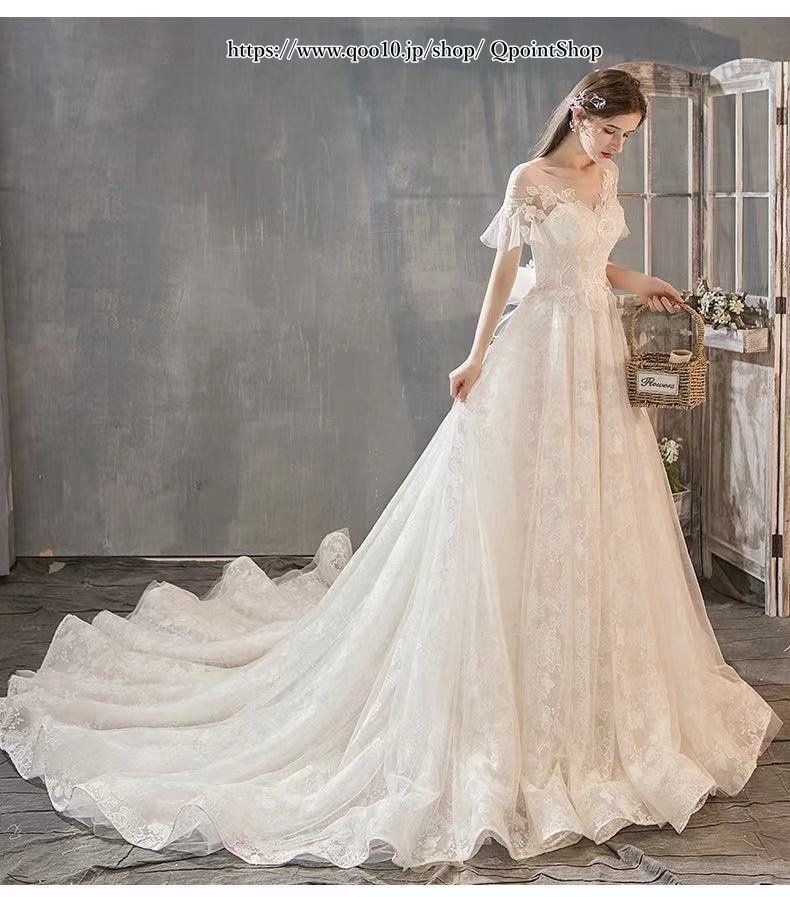 花嫁ロングドレス 二 ウェディングドレス エンパイア/トレーンラインパフスリーブ 簡約 露背 結婚式