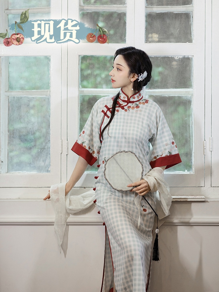 【激安本日限定】キャミソールワンピースChengnan Cherry Shop チャイナドレス 配置チェック柄チェリープリント古代ワンピースカットチャイナドレス