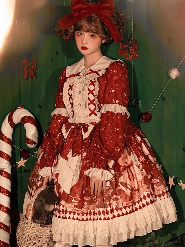 ロリータが新年を迎え日常プリンセスが新年を祝い大人の赤いロリータスカート冬オプスーツ
