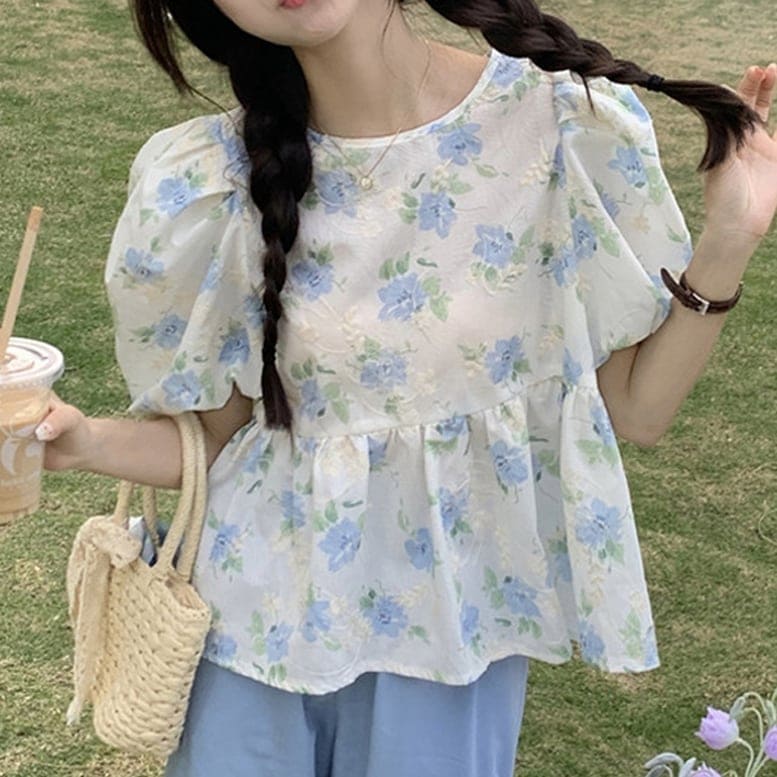 2color レディース フラワーブラウス 花柄 ペプラム シャツ トップス プルオーバー