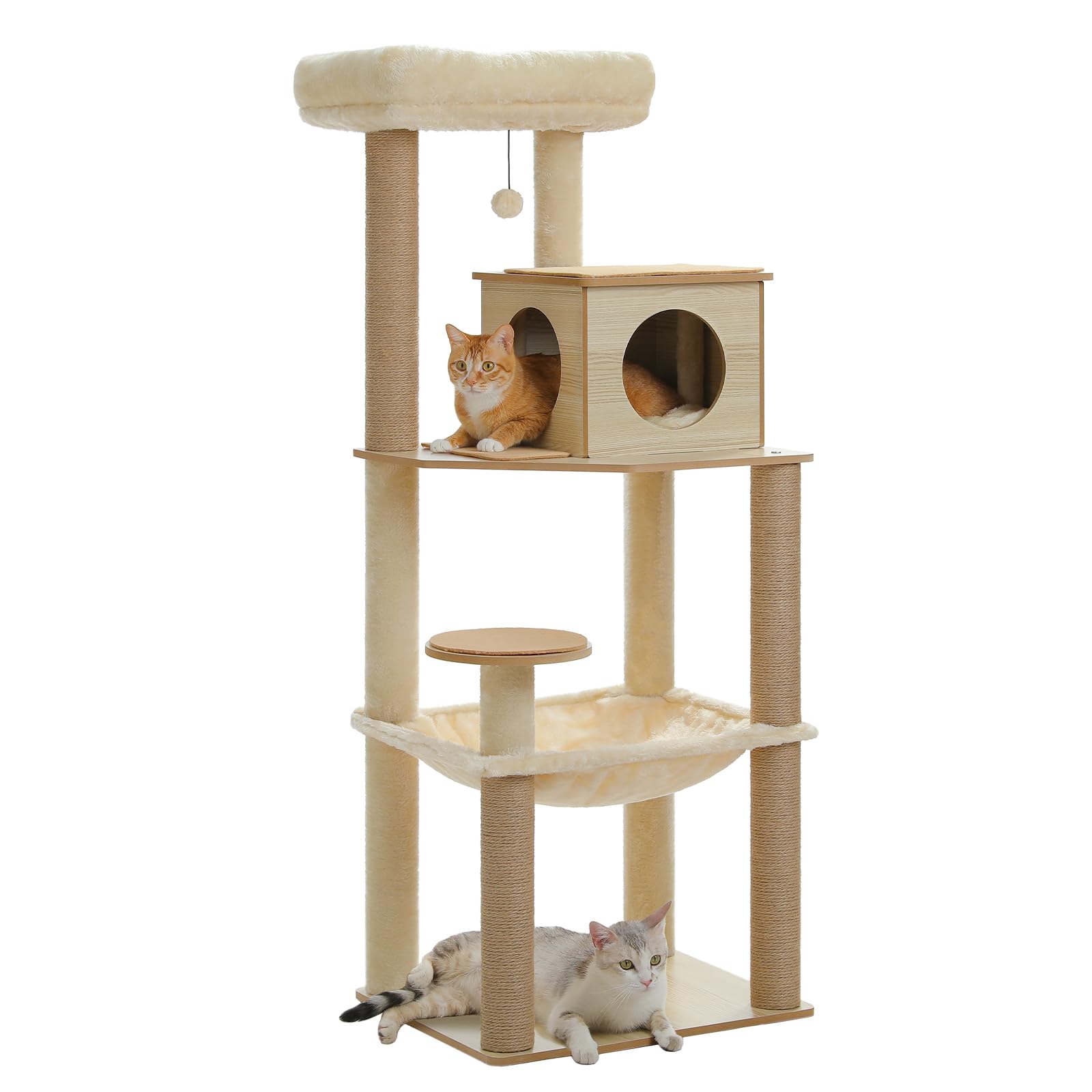 PETEPELA（ペテペラ）キャットタワー 大型猫用 木製 スリム 猫タワー 省スペース 多頭飼い 据え置き 木目調 おしゃれ 人気 隠れ家 見晴台 爪研ぎポール 滑り止めマット シニア猫 子猫 登り