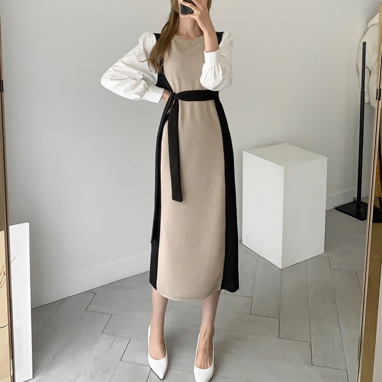 ワンピース ロング ラウンドネック 重ね着風 ウエストマーク サイドライン 切り替え 黒 ブラック 5,280円