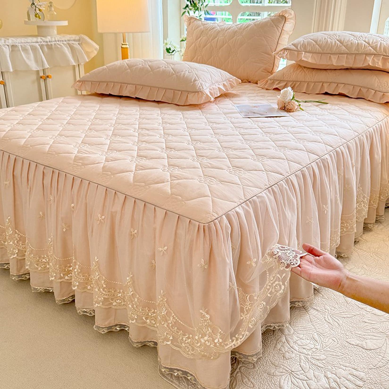 Fzigenle 寝具カバーセット お姫様 お誕生日プレゼント シングル 綿 レース フリル 可愛い 3点セット ベージュ 布団カバー ベッドスカート 枕カバー 肌触り良い きれいめ 通気性 抗菌防臭