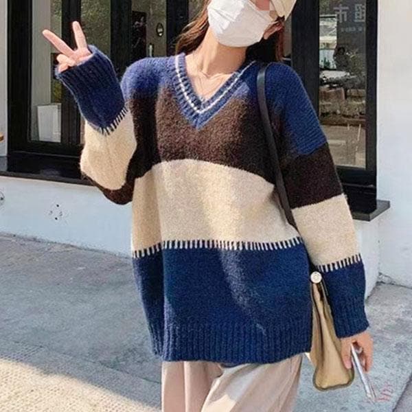 Vネック ニット セーター レディース 秋冬 トップス 長袖 アウター ボーダー ゆったり ニットソー ニットセーター ロング丈 韓国 着痩せ