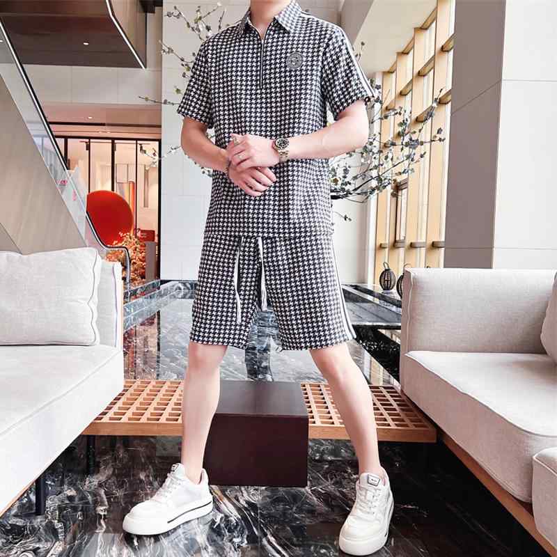 メンズ セットアップ 夏 ファッション ホーム カジュアル スクエアチェック ジッパー ポロシャツ 半袖 スーツ 上下セット ショートパンツ ハーフパンツ 男性