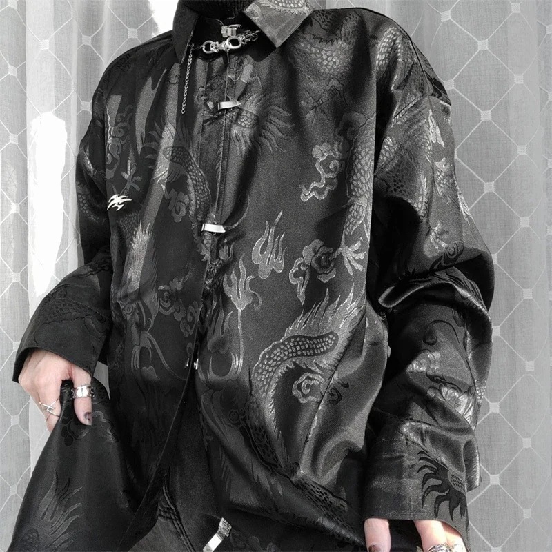 チャイナ風シャツ レディース 柄シャツ メンズ 長袖 龍紋 黒/白 ゆったり 男女兼用 金属ボタン