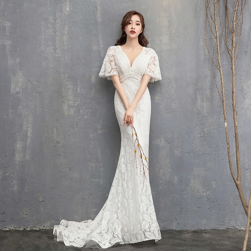 ウェディングドレス マーメイドライン トレーンタイプ 総レース ロングドレス 細身 ウェディングドレス 袖あり Wedding Dress 花嫁 二次会 結婚式 撮影演出 レディース ウェディングドレ