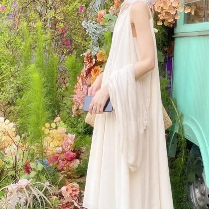 レディース ワンピース ロング 9分丈 レギュラー丈 ノースリーブ クルーネック フレア シャーリング シフォン リネン かわいい 大人可愛い シンプル ガーリー ラブリー キュート ロマンティック