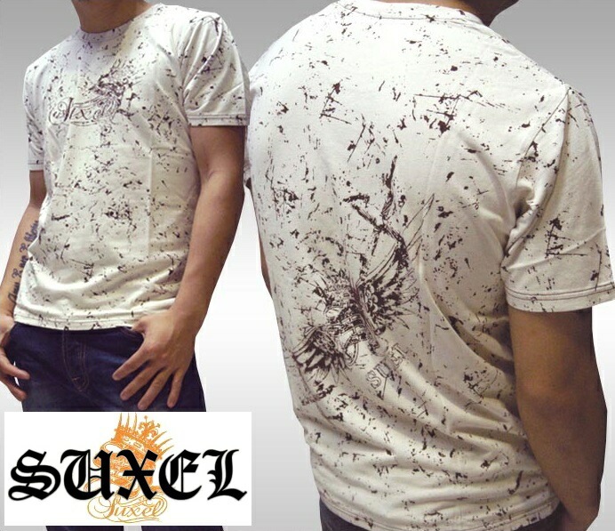 セール サクエル SUXEL メンズ 総柄 ペイント風 Tシャツ ブラウン 411 フォーダブワン 雑誌 掲載 ブランド ストリート HIPHOP ウェアー B系 服 ダンス ヒップホップ ファッ