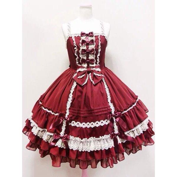 ロココロリータドレスJSK　リボンロリータジャンパースカートトリム　アイドル衣装レースフリル　プリーツ