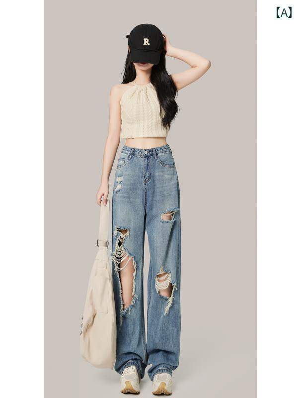 デニムパンツ レディース ダメージ ジーンズ クラッシュ ボトムス ワイド 春 ハイウエスト ストレート 韓国 カジュアル ブルー