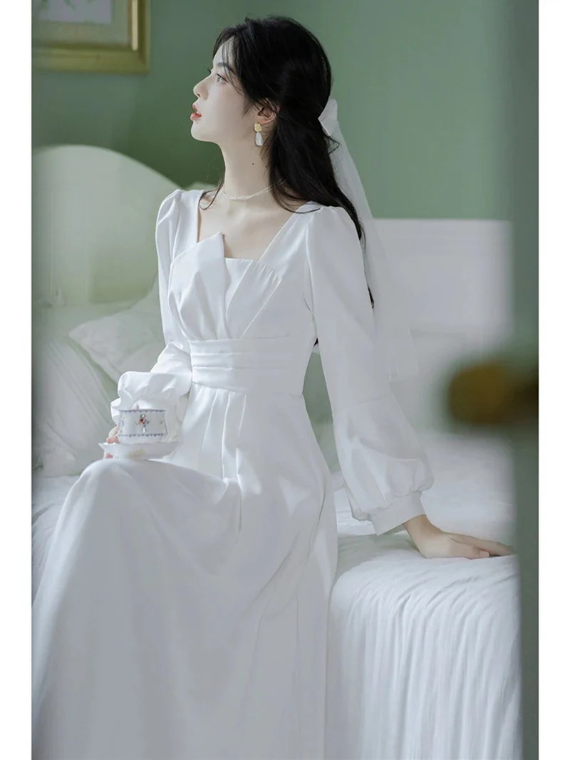 春と秋女性用小さな白いスカートと軽いウェディングドレス初恋腰を締める気質白いドレス