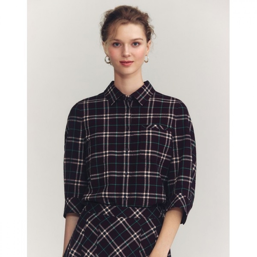 (ヘッジスレディース) 24FW チェック 3/4 スリーブシャツダークブラウン HSSH4C701W3