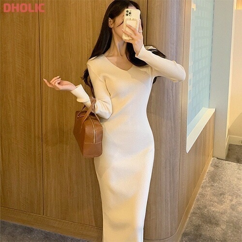 Vネックスリムリブニットワンピース