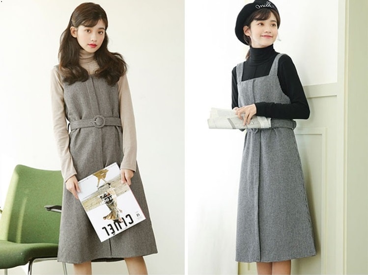 チェック柄ウエストベルト付きワンピース ジャンパースカートレディース ミドル丈ワンピース きれいめ