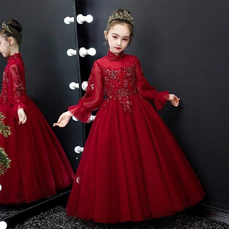 子供ドレス ロングドレス ワイン赤 立ち襟 ビーズ 花柄 オシャレ キレイめ ピアノ発表会ドレス ロング 女児ドレス パフスリーブ 長袖 ワインレッド フォーマル キッズドレス 演奏会ドレス 演出服