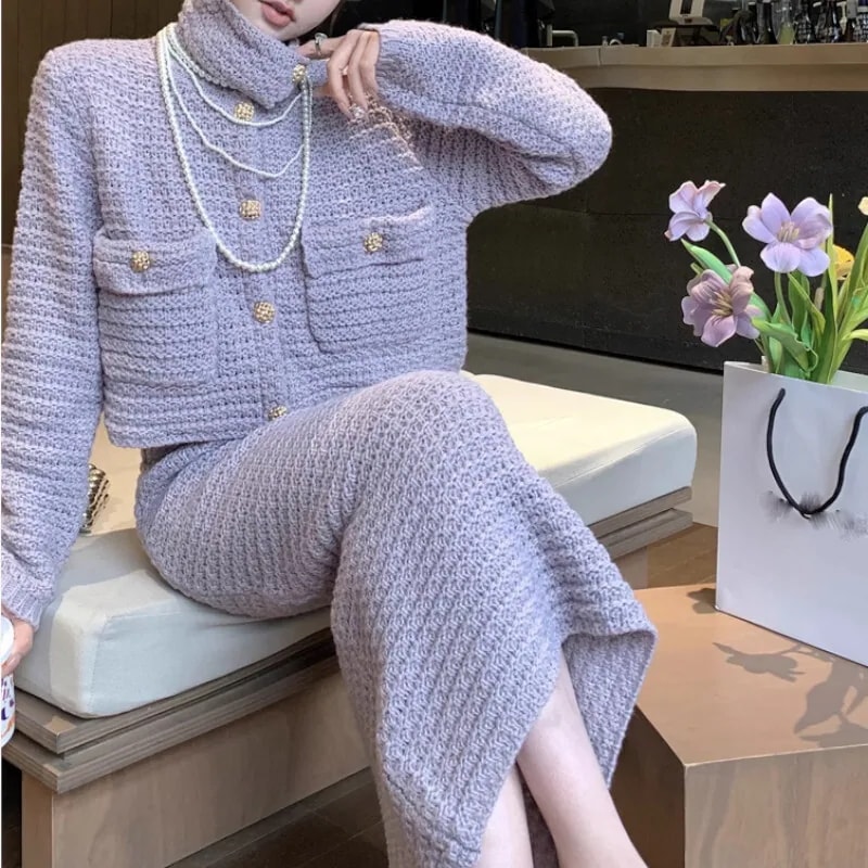 【セット】レディース スカート ジャケット ニット カーディガン スーツ 上着 セットアップ ツーピース ２点セット ロングスカート ロング 長袖 タートルネック ハイウエスト ツイード かわいい 大