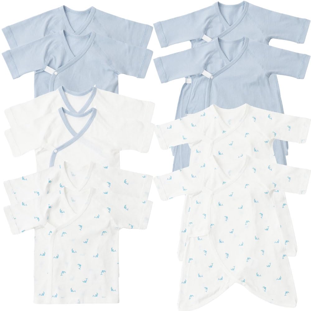 [アイリスプラザ] 10枚組 (短肌着 6枚 コンビ肌着 4枚) 新生児 肌着 ベビー肌着 ベビー服 イルカ(ブルー)