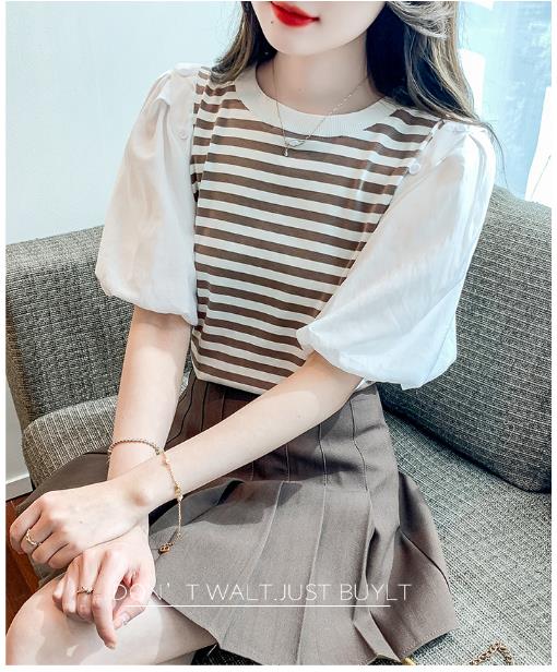 ストライプT-シャツメス半袖2023ニューウエスタンシャツデザイン感覚ランタンスリーブトップTシャツ