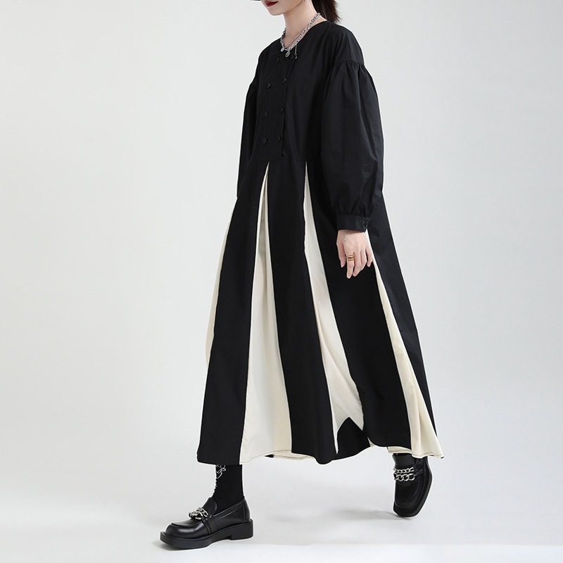 ドレス切り替え 長袖 バブル袖 ワンピース ロングワンピース おしゃれ ゆったり 着痩せ 秋服レディース