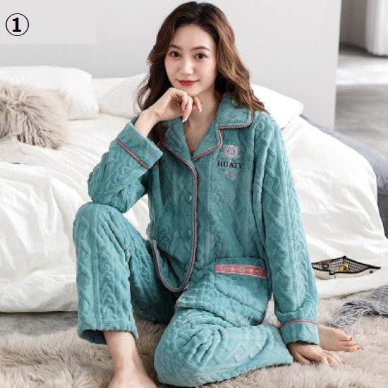 【取寄：納期2週間】ルームウェア レディース パジャマ 襟あり フロントボタン 前開き 上下セット 2点セット ツーピース 可愛い ふわふわ 暖かい 厚手 冬 フリース ポケット リラックス ゆったり