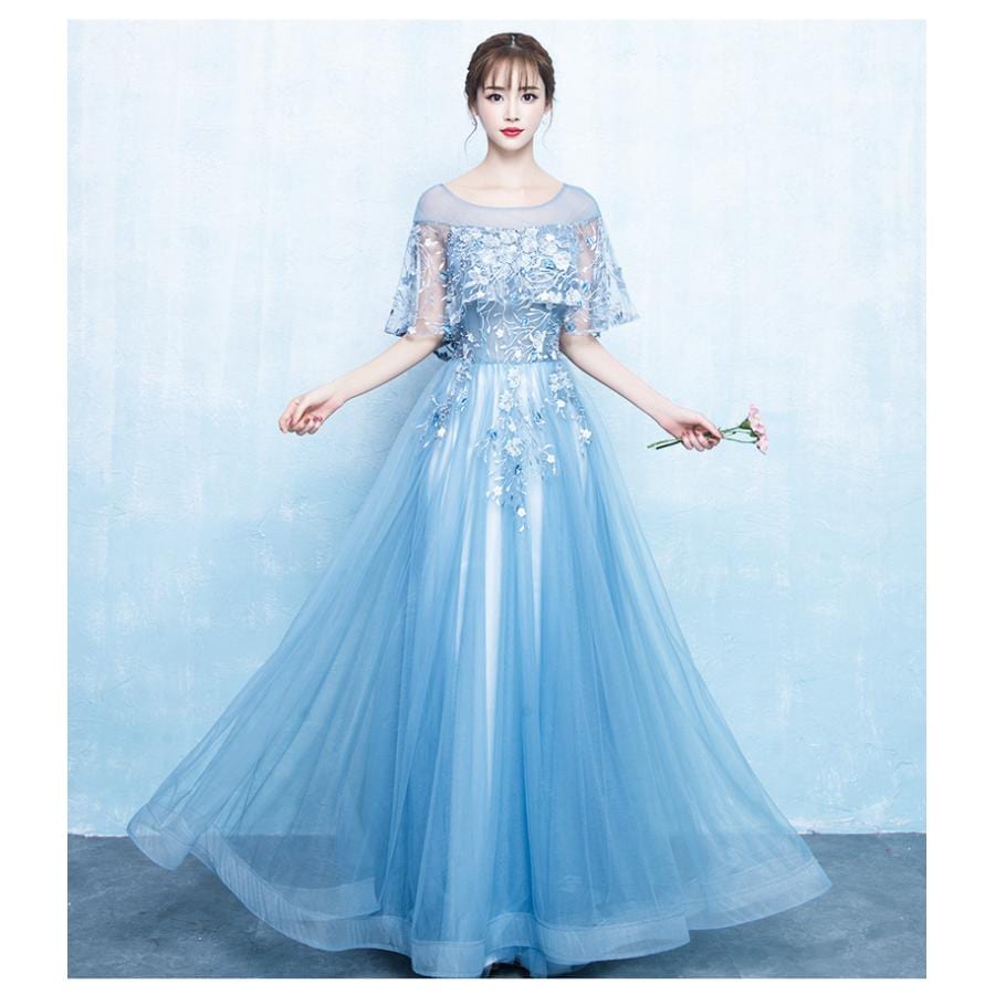 演奏会用ロングドレス パーティードレス 可愛い 大きいサイズ ウエディングドレス 二次会 花嫁 20代 30代 40代 撮影用 発表会 姫系 カラードレス ブルー-314