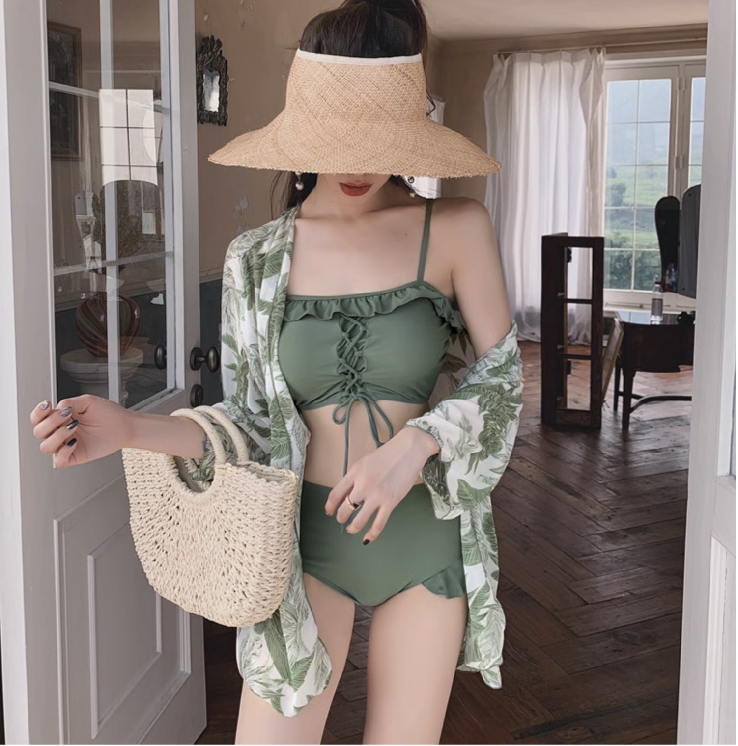 水着 ビキニ スイムウェア レディース タンキニ バンドゥ 体型カバー ラッシュガード 羽織り セパレート ビスチェ バンドゥ フリル レースアップ 編み込み セット スリーピース 上下セット ベーシ