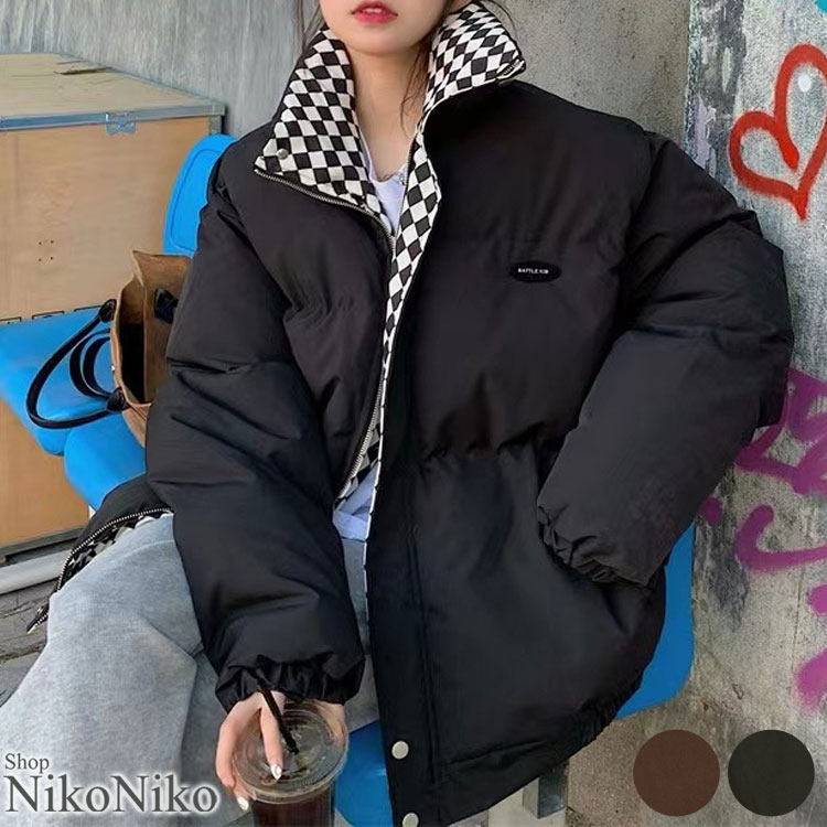 ブロックチェック オーバーサイズ 中綿ブルゾン【即納】 レディース 韓国 プチプラ おしゃれ