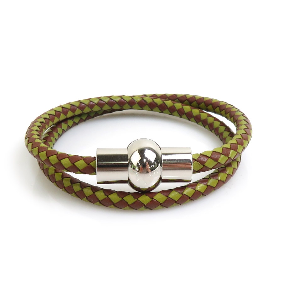 エルメス HERMES ブレスレット チョーカー ネックレス レザー/メタル ブラウン/グリーン/シルバー レディース w1154g