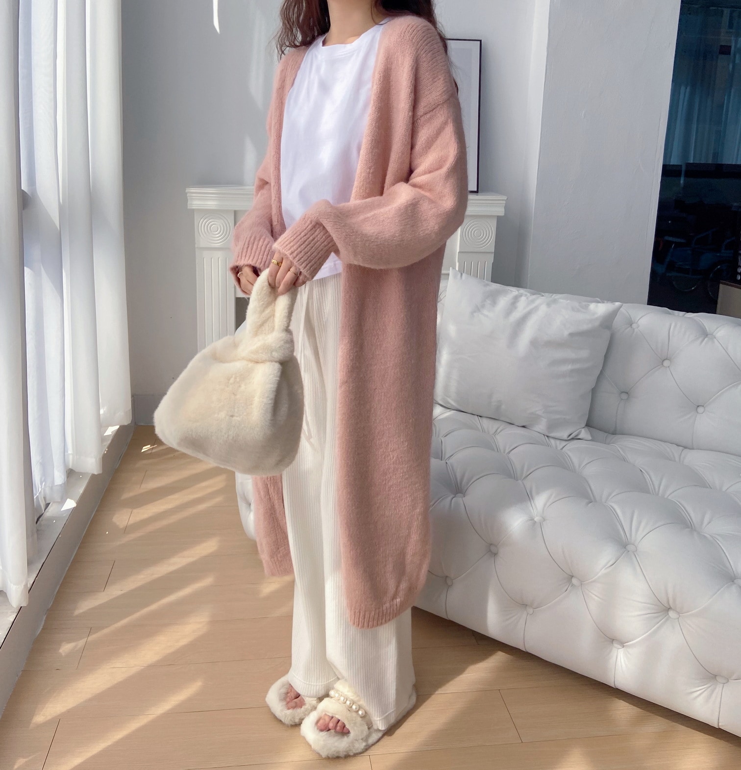 トップス レディース カーディガン S M L 韓国 ロング丈 長袖 クルーネック 細身 Iライン 春色 かわいい 大人可愛い きれいめ シンプル カジュアル ナチュラル こなれ感 ラフ ラブリー