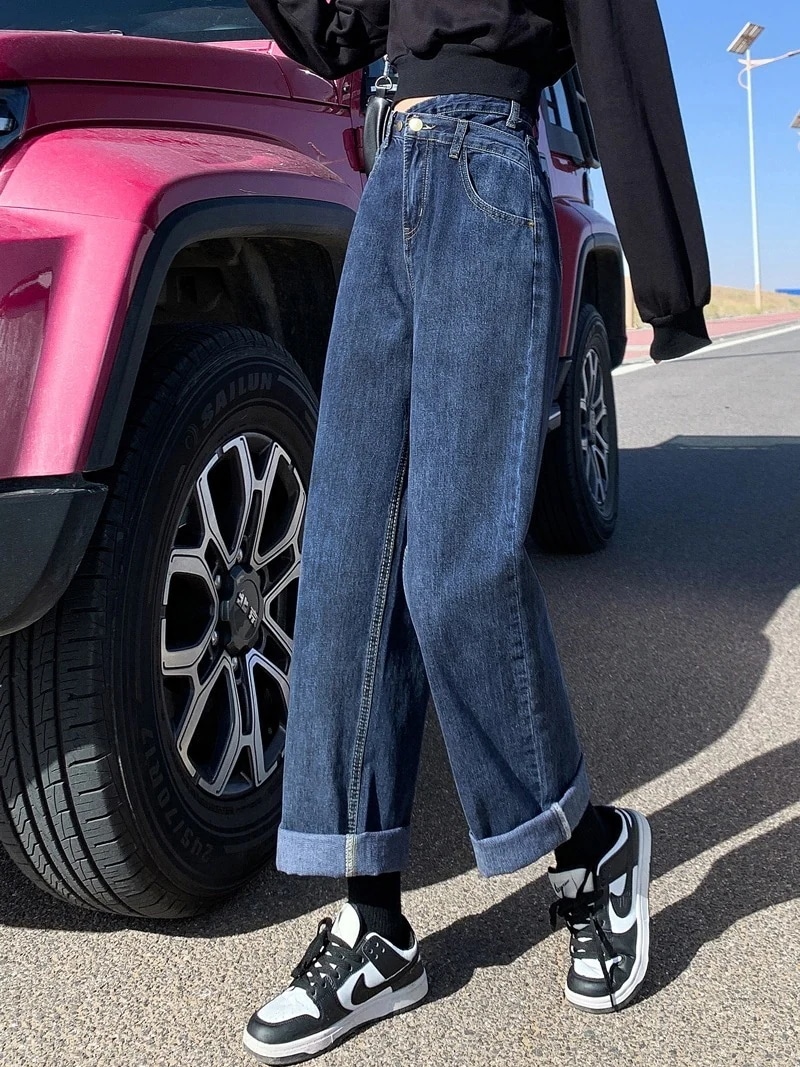 ブルーグレージーンズレディースストレートデザインパンツ2021レlディース秋ルーズ薄いハイウエストトレーリングパンツ