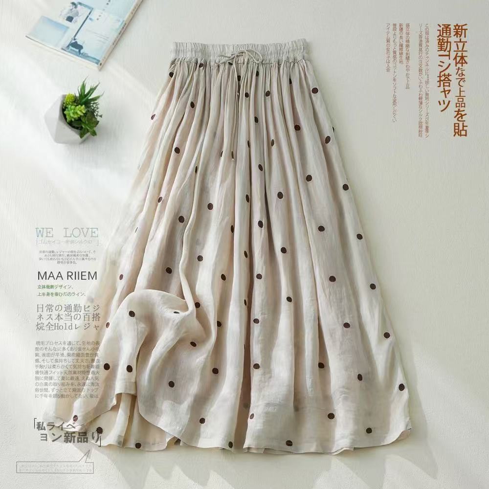 【夏新作】リネン混ドット柄ロングスカート 高見えAライン 大人可愛い麻素材フレアスカート