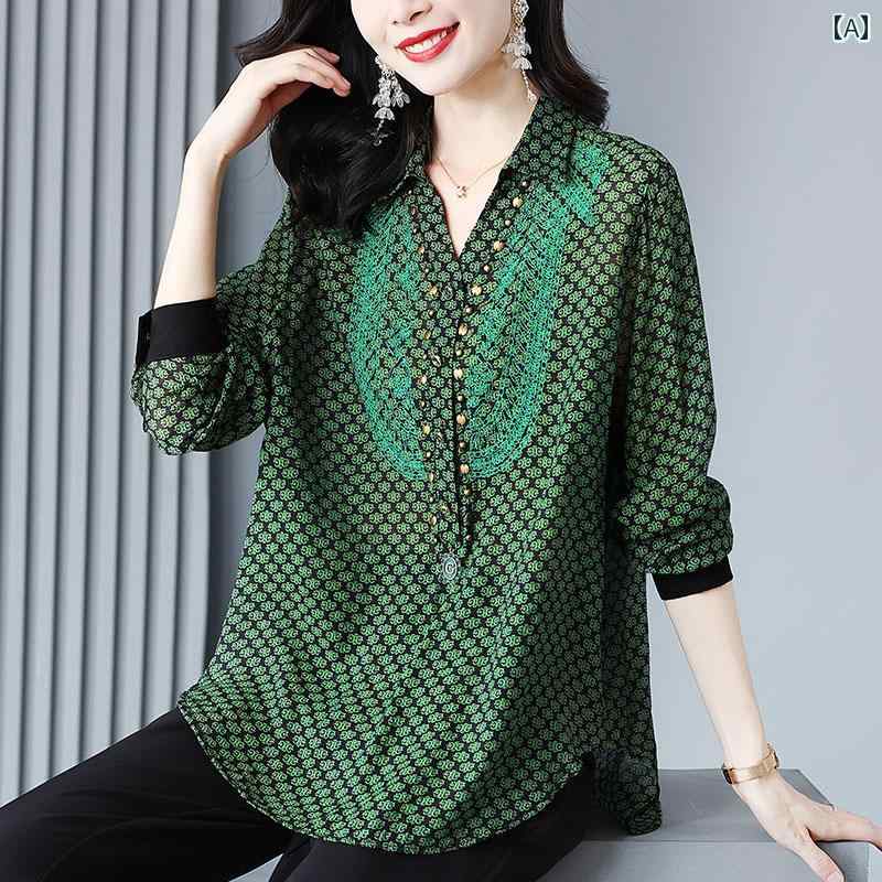 トップス ブラウス シャツ風 レディース 透け感 通気性 重厚 刺繍 レトロ プリント シースルー 透け感 お腹カバー レディース グリーン