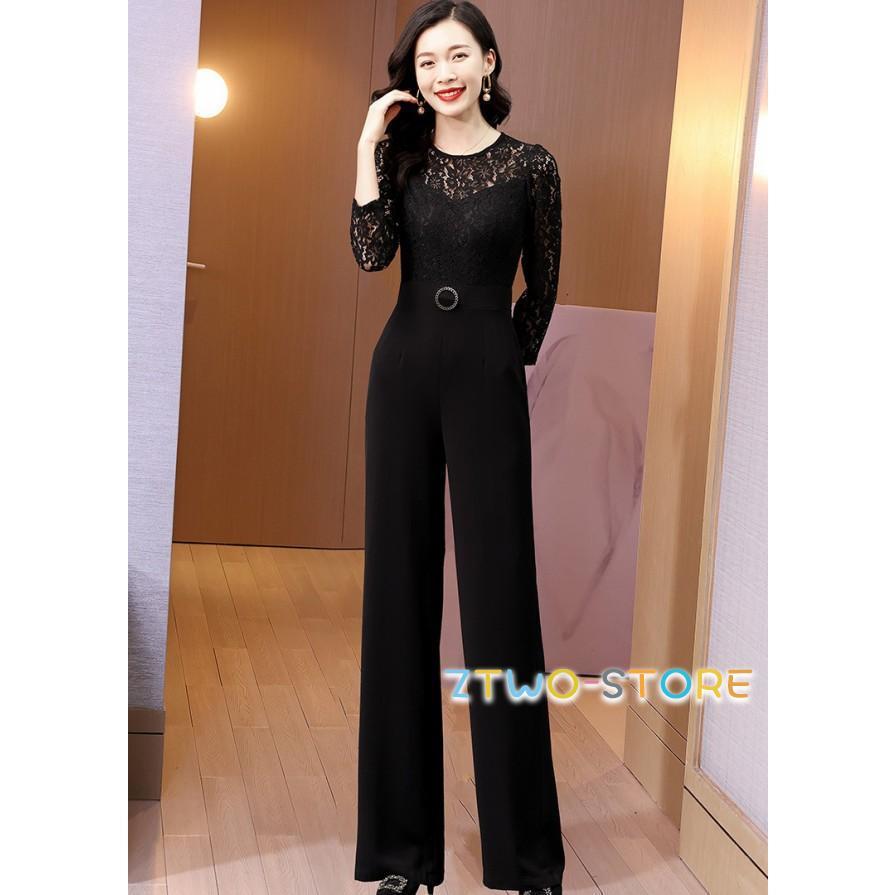 ワンピースドレスドレスレディース パンツ 黒 レース袖 3L 大きいサイズ 七分袖 お呼ばれドレス かっこいい パーティードレス シアー袖 結婚式 オールインワン 袖あり パンツドレス