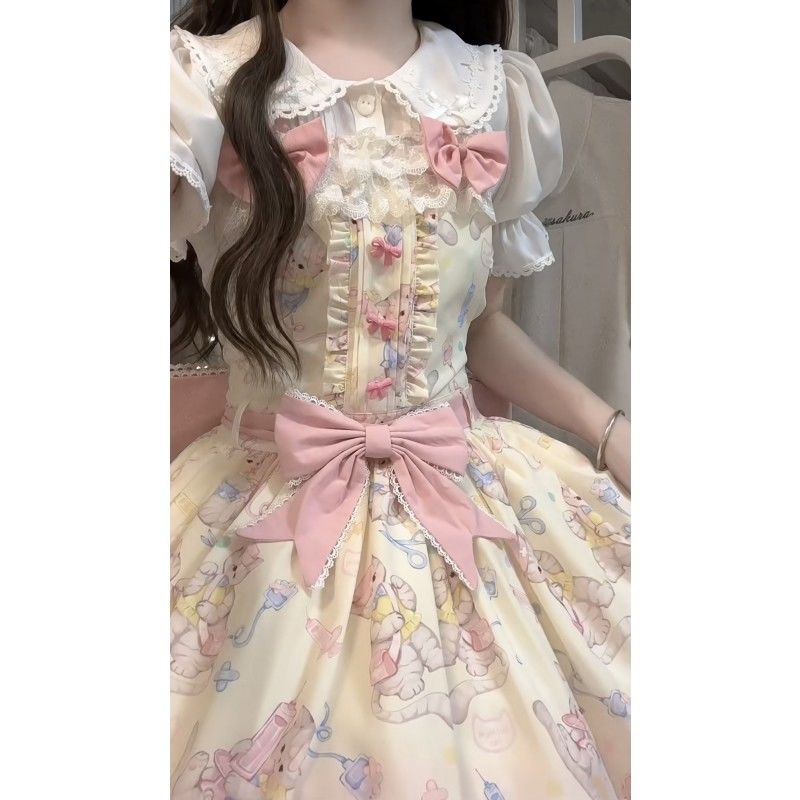 シャツ 茶会 ベビーカラー 新作 かわいい レース 花嫁 人气 学院祭用 リボン本 今年人気爆発中コスプレロリータ ドレス セット二次元 ストラップスカート