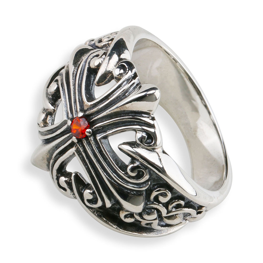 925 レッドCZフローラルクロスリング [rs131]