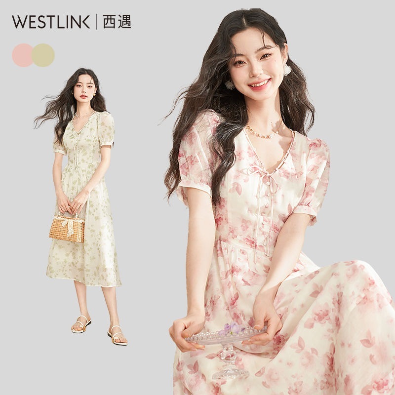 フレンチ フラワープリントワンピース 2025夏 半袖 Vネック ソフト スイート ピンク ロングワンピース ワンピース ワンピース レディース ロングワンピース ワンピース 夏 パーティードレス 韓